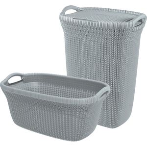 Curver Knit Wasmand met deksel 57L + Wasmand 40L - Blauw/Grijs