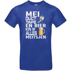 T- shirt kobalt met opdruk Mei duct tape en bier kin ik alles meitsjen maat S ( grappige Friese tekst )