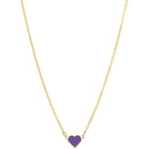 Lucardi - Kinder Stalen goldplated ketting met hart emaille violet - Ketting - Staal - Goudkleurig - 40 cm