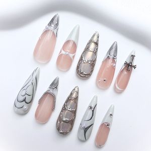 Press-On Nails - Handgemaakte Press-On Nagels - Zilver en Witte Lange Almond Nagels - Silver Serenade - Maat L