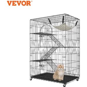 Kattenren - Kattenbench - Katten kooi - 4 Niveaus - 2 Deuren - 3 Ladders - 90x60x133cm - Zwart - Ideaal voor knaagdieren - Ondersteund tot 14kg - Opvouwbaar