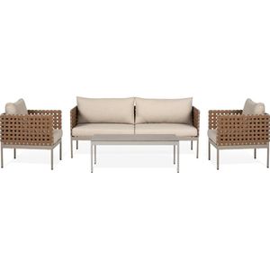 Lisomme June 4 delige tuin loungeset beige - met Zitkussens - aluminium - bruin rotan - voor 5 personem - zand