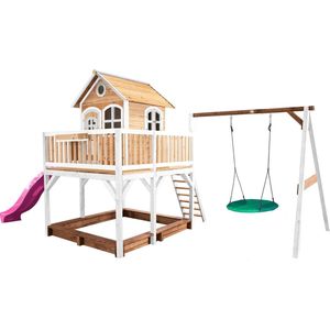 AXI Liam Speelhuis in Bruin/Wit - Met Verdieping, Zandbak, Summer Nestschommel en Paarse Glijbaan - Speelhuisje voor de tuin / buiten - FSC hout - Speeltoestel voor kinderen