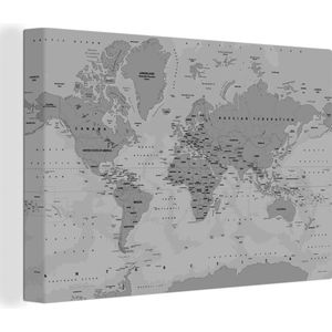 Canvas Wereldkaart - 60x40 - Wanddecoratie Abstracte wereldkaart met schaduwen - zwart wit