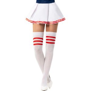 Partychimp Cheerleader Overknee Kousen voor bij Cheerleader Kostuum Dames Carnaval Carnavalskleding Dames Carnaval Accessoires Verkleedkleren Volwassenen - Wit/Rood- Katoen/Polyamide/Elastaan - One-Size