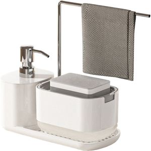 Hand- en afwasmiddeldispenserset, zeepdispenser met sponshouder en voddenhouder, drukknop voor vloeistofboxorganizer voor thuis