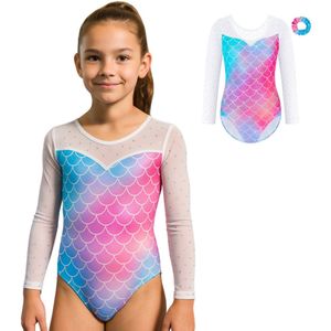 Joya Kids® Turnpakje Meisjes met Lange Doorzichtige Mouwen Mermaid Schubben met Scrunchie | Blauw en Roze met Glitters en Strass Steentjes Ballet pakje | Gymnastiekpakje | Turnen | Turn Pakje | Maat 130
