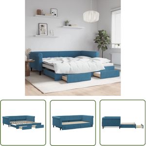 The Living Store Slaapbank met onderschuifbed en lades 100x200 cm fluweel blauw - Slaapbank - Tweepersoonsbed - Sofa Bed - Lounge Sofa - Multifunctioneel Meubilair