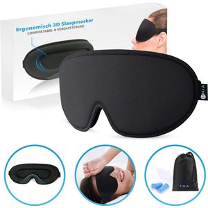 SIMIA 100% Verduisterend 3D Ergonomisch Slaapmasker - Traagschuim - Memory Foam - Zacht en Verstelbaar - Met Oordopjes en Opbergzak - Zwart