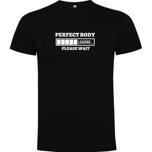 Zwart T-Shirt met “Perfect body Loading... Please Wait“ Afbeelding Wit Maat XL