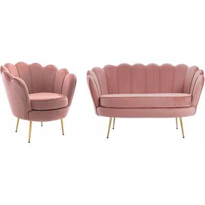 PASCAL MORABITO Zitbank 2 personen en fauteuil in schelpvorm in roze fluweel DANDELION