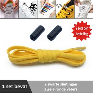 2 paar gele ronde elastische veters met zwarte sluitingen. Je hoeft voortaan nooit meer je veters te strikken