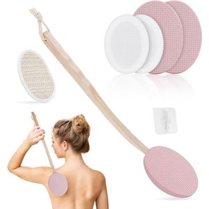 7-delige set rugcrèmhulp met lange steel en 4 verwisselbare pads rugcrème-applicator rugborstel douchebad lichaamswasborstel rugverzorging (roze)