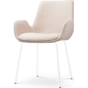 Nolon Nora-Eef Eetkamerstoel Beige - met Armleuning - Stof - Wit Metalen Poten - Lage Armleuning - Modern - Design - Scandinavisch