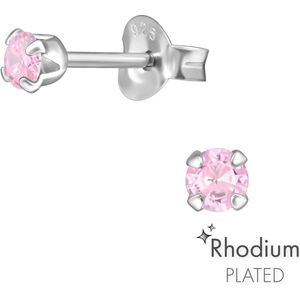 Joy|S - Zilveren oorknopjes 3 mm - roze - zirkonia - rhodium plated - oorbellen