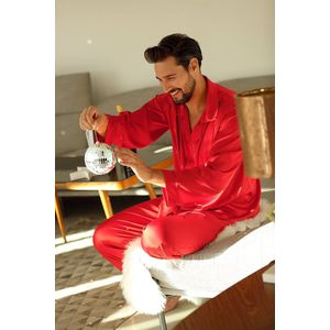 Elegante satijnen herenpyjama -Satijn pyjama heren met knoopsluiting - Lange Mouw Lange Broek pyjama - DKaren Noah - rood M