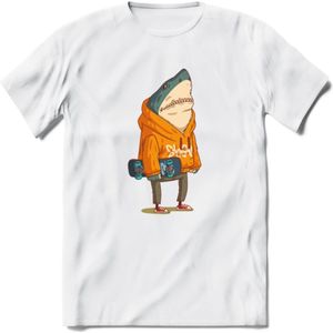 Casual skater haai T-Shirt Grappig | Dieren vissen Kleding Kado Heren / Dames | Animal Skateboard Cadeau shirt - Wit - XL