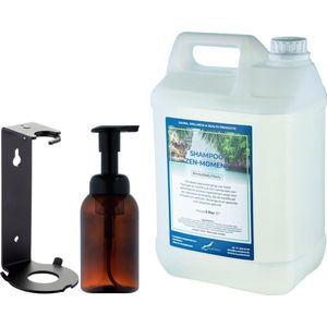 Zeepdispenser 300 ml amber bruin hervulbaar + 5 liter Shampoo Zen Moment navulling (inclusief beugel)