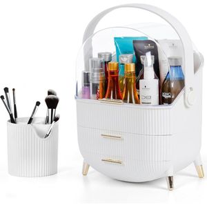 Make-up Opslag Organizer - Wit - Kwasten Pot - 3-Laags Plastic Lade - Roterend Handvat - Doorzichtig Deksel - Waterdicht - Stofdicht - Cosmetisch & Skincare Display - Reizen - Kast.