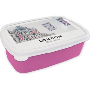Broodtrommel Roze - Lunchbox - Brooddoos - Engeland - Londen - Vlaggen - 18x12x6 cm - Kinderen - Meisje