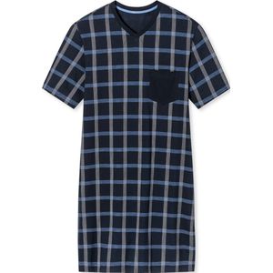 SCHIESSER Comfort Nightwear nachthemd - heren nachthemd korte mouw organic cotton V-hals borstzak nachtblauw geruit - Maat: 3XL