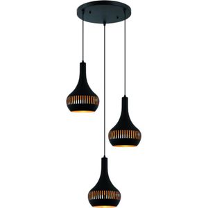 Hanglamp Canna getrapt | Ø 40 cm | Drielichts | Zwart met gouden binnenkant | Geperforeerde kappen | Eettafel lamp | Eetkamer / woonkamer / keuken / vide | Landelijk / modern design | In hoogte verstelbaar tot 180 cm