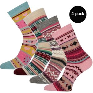 WeirdoSox dames sokken gemaakt met wol - Scandinavische print - 4 paar - Maat 36-41 - Roze - blauw - Grijs - Beige