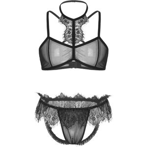 Transparante beha voor heren, sexy jockstrap en tanga, mesh bustier en kant ondergoed