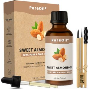 PureOil – Amandelolie – 100ml – Zoete Amandelolie Koudgeperst & Hexaanvrij – 100% Puur, Natuurlijk & Vegan – Sweet Almond Oil Voor Haar | Huid | Gezicht | Scalp | Wimpers | Wenkbrauwen | Nagels - Massage Olie