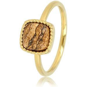 My Bendel - Goudkleurige ring met vierkanten Picture Jasper edelsteen - Klassieke ring met bijzondere Picture Jasper edelsteen - Met luxe cadeauverpakking