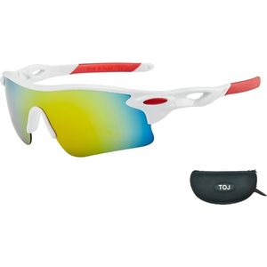 Fietsbril Met Hoes | Sportbril | Racefiets | Mountainbike | MTB | Sport Fiets Bril| Zonnebril | UV Bescherming | Wit/Rood | Spiegelende Lens