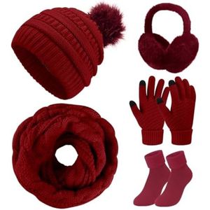 5-delige winter gebreide winterset voor dames - Rode Wijn (Eén maat)