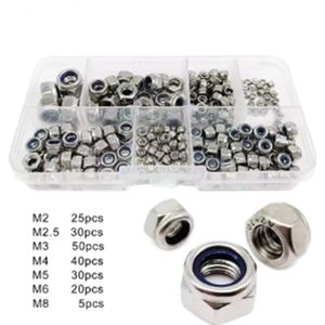 200 stuks RVS DIN985 Hex Nylon Insert Zelfborgende Moer – Nylock Borgmoer Assortiment Kit M2-M8, 304 Roestvrij Staal (A2-70)