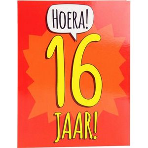 wenskaart Hoera! 16 jaar! 16 x 12,5 cm karton rood