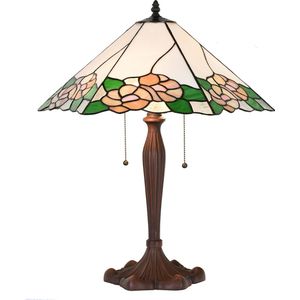 LumiLamp Tiffany Tafellamp 44x61x64 cm Wit Groen Glas Kunststof Rond Bloemen Tiffany Bureaulamp