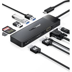 Lemorele TC94 10-in-1 USB-C Docking Station – Dual HDMI 4K, VGA, USB 3.0, Audio, SD/TF, 100W PD – Compatibel met Windows, MacBook, Dell, HP, Surface
