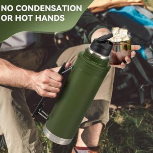 Thermoskan 1 Liter - Thermosflessen met Drinkgerei voor Onderweg - Thermosfles van Roestvrij Staal met Handvat - Lekvrij - Voor Koffie en Thee - BPA-vrij - Voor Warm en Koud