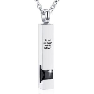 Luxe Ashanger | Met Ketting En Gravering | Uit Het Oog Maar Niet Uit Het Hart | Assieraad | Zilverkleurig Met Zwarte Steen | As Ketting | Gedenksieraad | Urn | Incl. As vuller