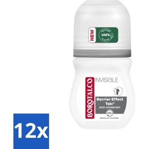 12 x Borotalco - Deodorant Roller - Invisible - Barrier Effect Talc - 0% Alcohol - 50 ml - Borotalco Deodorant - Deodorant Roller - Deodorant Zonder Vlekken - Deodorant Voor Gevoelige Huid - Alcoholvrije Deodorant