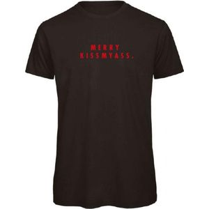 Kerst t-shirt zwart XL - Merry Kissmyass - rood glitter - soBAD. | Kerst t-shirt soBAD. | kerst shirts volwassenen | kerst t-shirts volwassenen | Kerst outfit | Foute kerst t-shirts