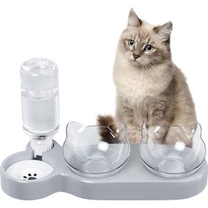 Verhoogde kattenbak, 3 kommen, dubbele voerbak voor katten, 15° kantelbaar, dubbele kattenbak, drinkbak voor katten en kleine honden, antislip basis