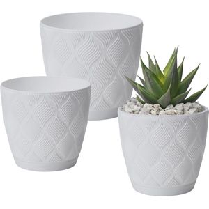Form Plastic Plantenpot set New Age - 3x stuks - kunststof - ivoor wit - met schotel