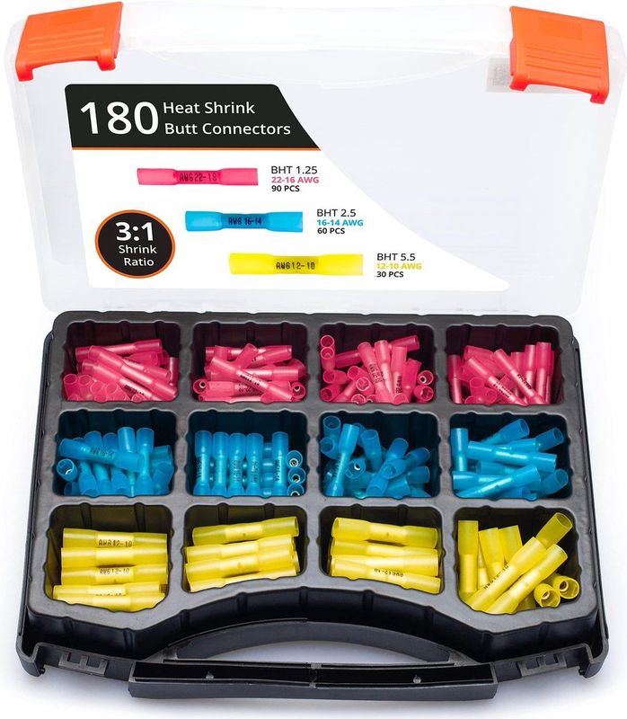 Wirefy - 180 Stuks - Stootverbinder Krimpkous Kit - Geïsoleerde en Afgedichte Kabelschoenen 0,5-6mm²