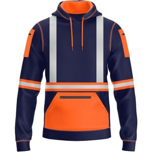 Heren Hi-Viz Pullover Hoodie met Reflecterende Tape - Veiligheidsjas met multifunctionele Zakken - Grijs/Navy, M-L