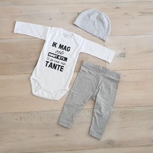 Baby cadeau geboorte unisex jongen of Meisje Setje 3-delig newborn | maat 62-68 | grijs mutsje en broekje en romper lange mouw wit met zwarte tekst ik mag ook nooit iets ik ga naar mijn tante | Bodysuit | pakje | Kraamcadeau | Gift Set