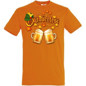 T-shirt Oktoberfest hoed en bier | Oktoberfest dames heren | Tiroler outfit | Carnavalskleding dames heren | Oranje | maat XS