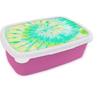 Broodtrommel Roze - Lunchbox - Brooddoos - Tie dye - Geel - Groen - 18x12x6 cm - Kinderen - Meisje