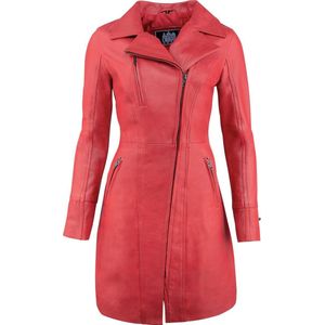 Urban 5884® - Janice - Dames - Lange Leren Jas - Lamsleer - Schuine ritssluiting - Rood - Maat 6XL