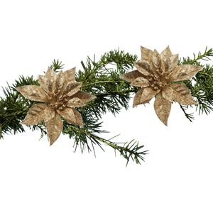 Kerst bloemen 2x stuks kunststof goud - op clip - 18 cm - Kerstornamenten