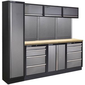 Kraftmeister werkplaatsinrichting - Werkbank met 3 wandkasten, 1 werkplaatskast, 1 opbergkast en multiplex werkblad - Werktafel met 8 laden en gereedschapswand - Complete set voor werkplaats of garage - Grijs